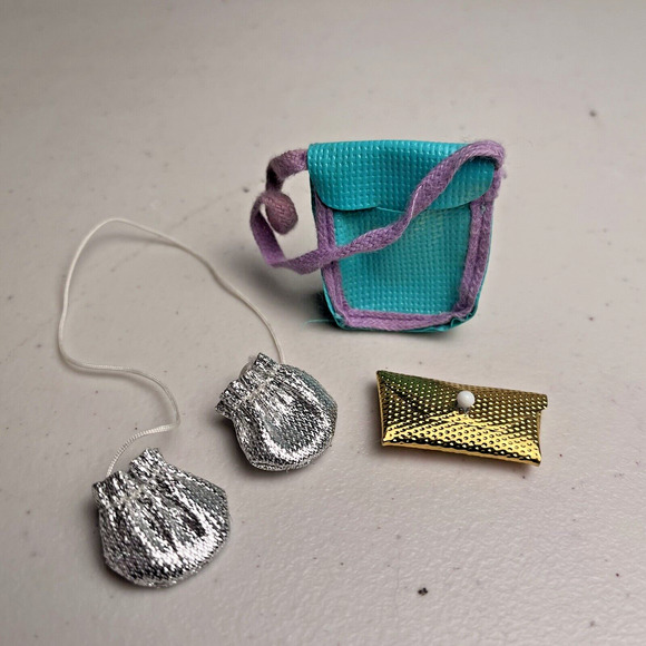 Vintage Barbie Doll Accessories Silver Gloves, Gold Clutch & Blue Bag 60s 70s 80 - Picture 3 of 11